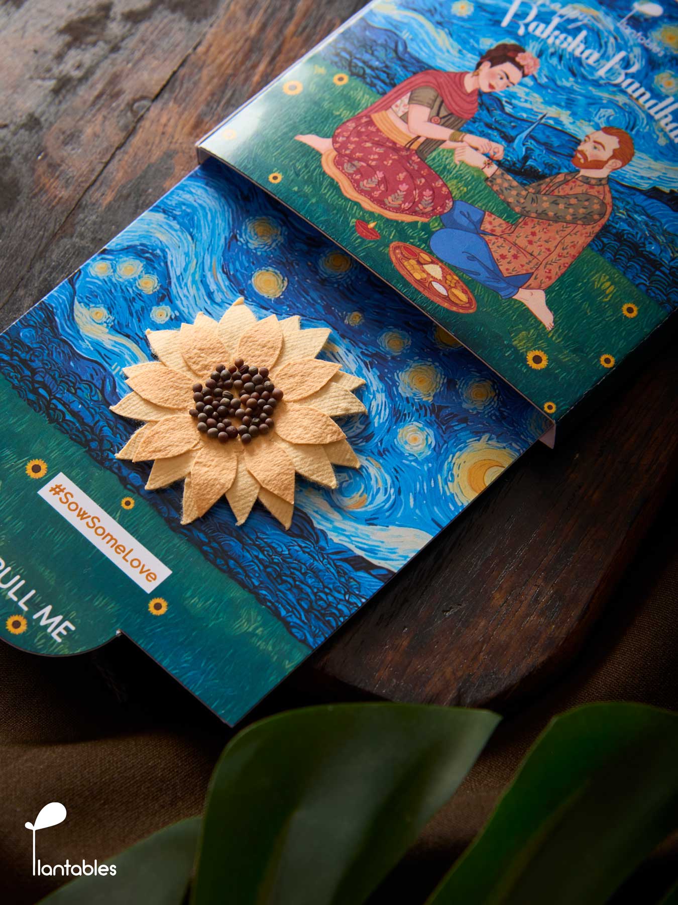Sunflowers on a Starry Night Rakhi, a plantable seed paper rakhi handmade from upcycled cotton scrap