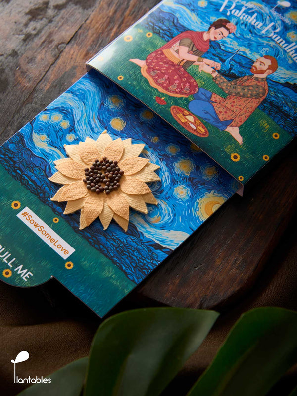 Sunflowers on a Starry Night Rakhi, a plantable seed paper rakhi handmade from upcycled cotton scrap