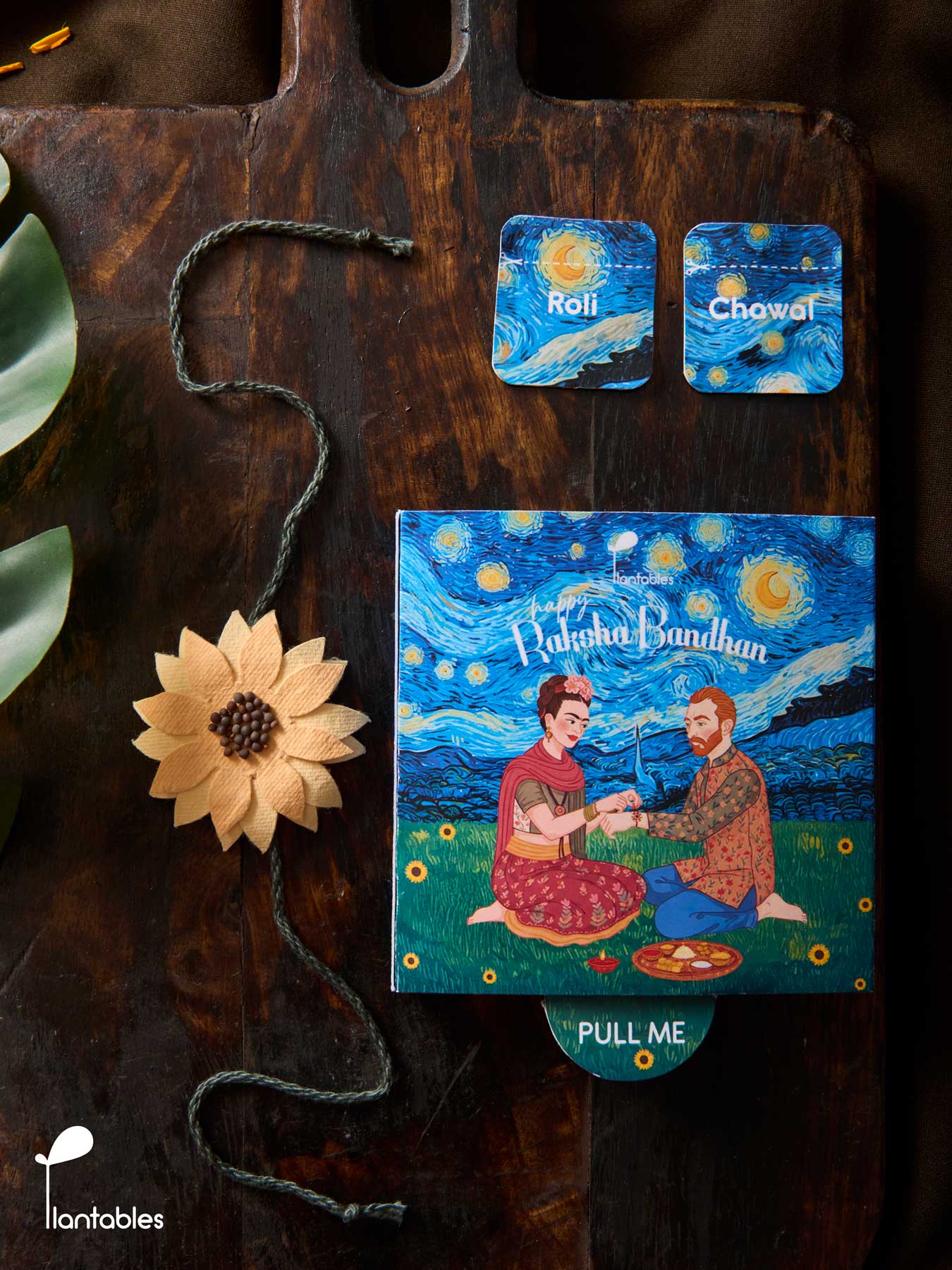 Sunflowers on a Starry Night Rakhi, a plantable seed paper rakhi handmade from upcycled cotton scrap