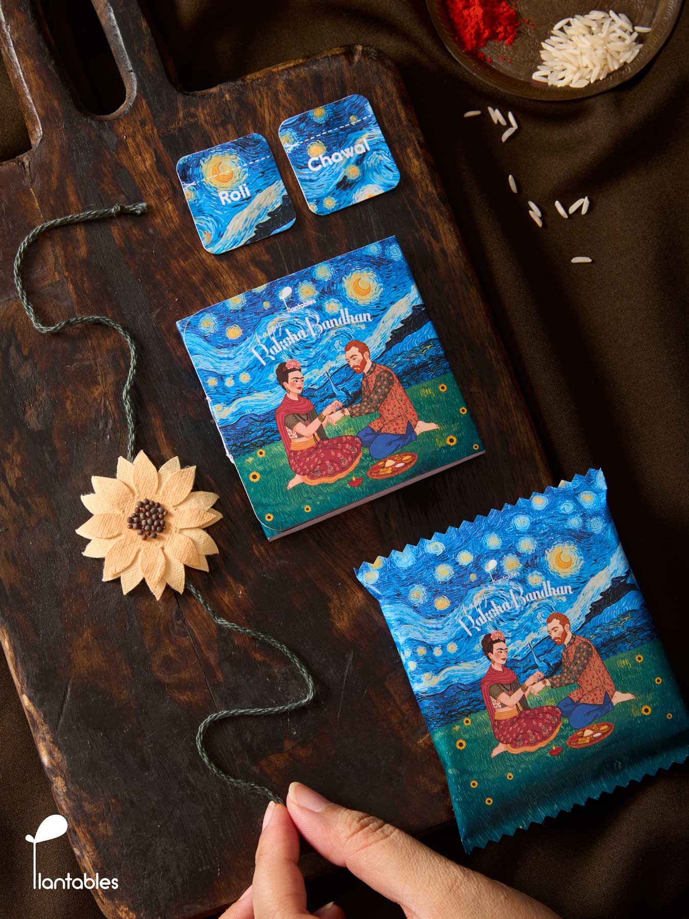 Sunflowers on a Starry Night Rakhi, a plantable seed paper rakhi handmade from upcycled cotton scrap