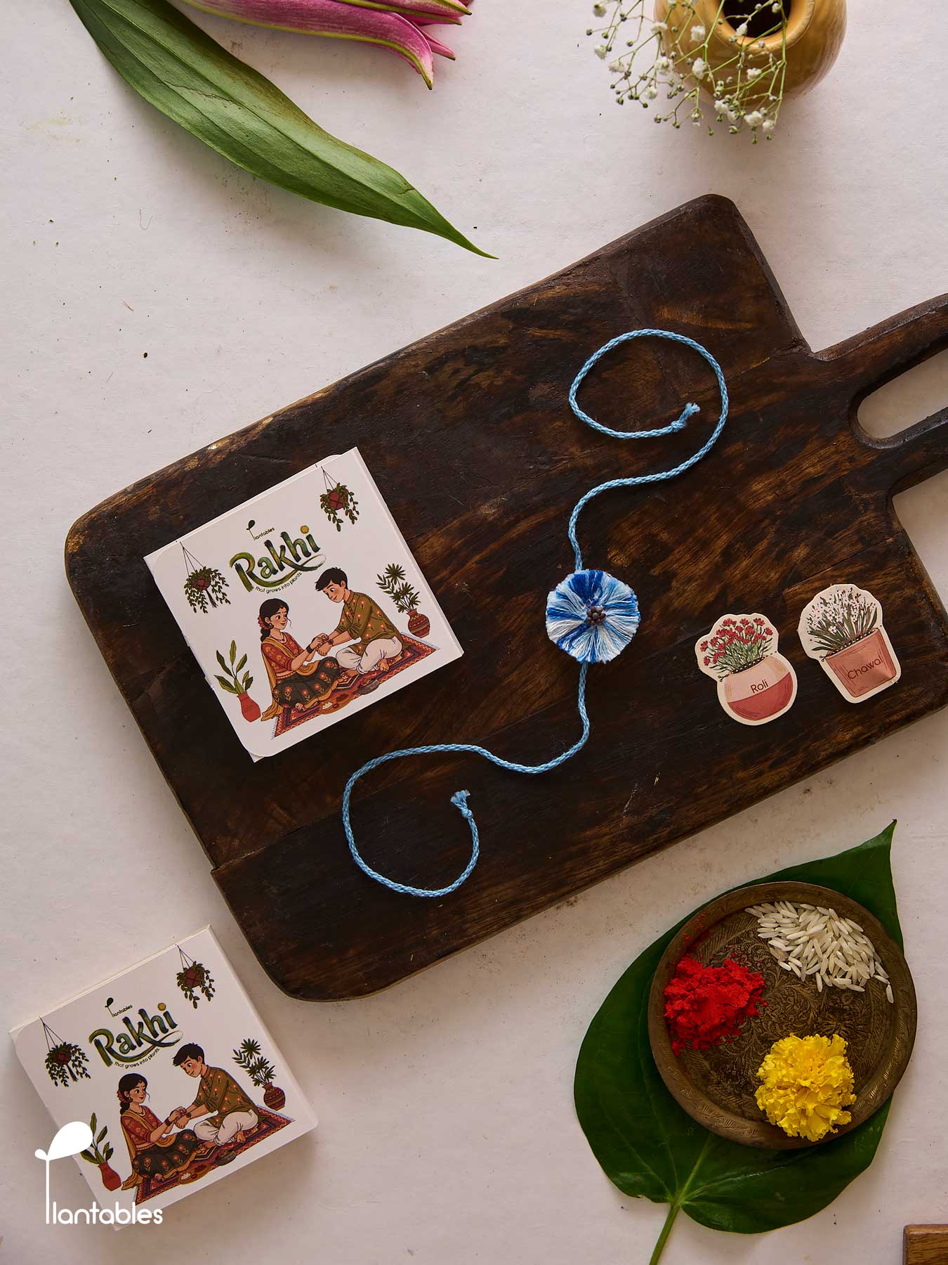 Evil Eye Thread Rakhi, blue nazar motif on cotton thread with seed paper