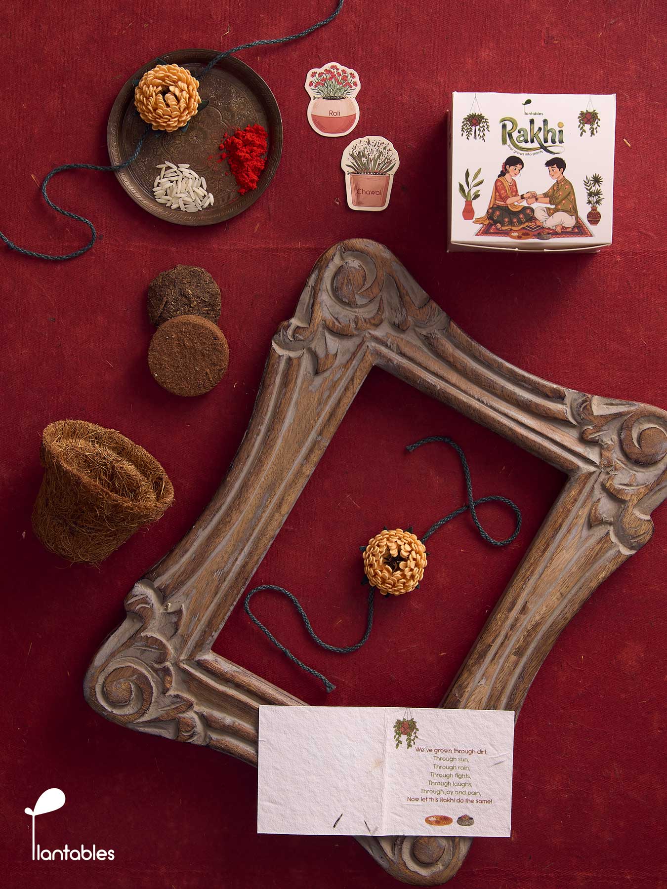 Marigold Rakhi Planting Kit, orange marigold design with seed paper greeting card, roli chawal pockets and coir pot