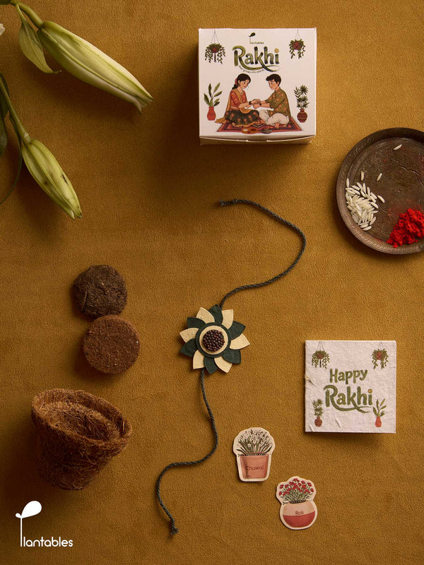 Whorlwind Rakhi Planting Kit, layered petal rakhi with seed paper greeting card, roli chawal pockets and coir pot