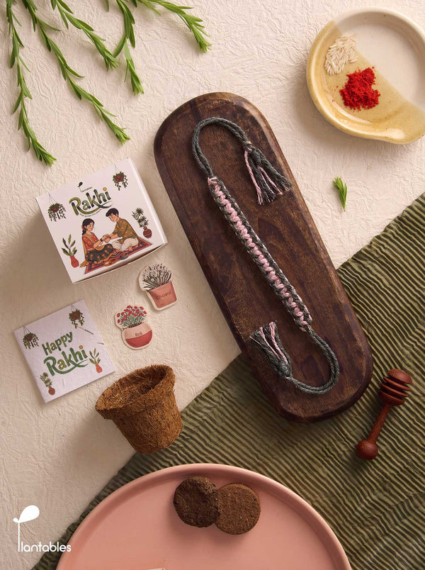 Knotty by Nature Rakhi Planting Kit, braided cotton thread rakhi with seed paper greeting card, roli chawal pockets and coir pot