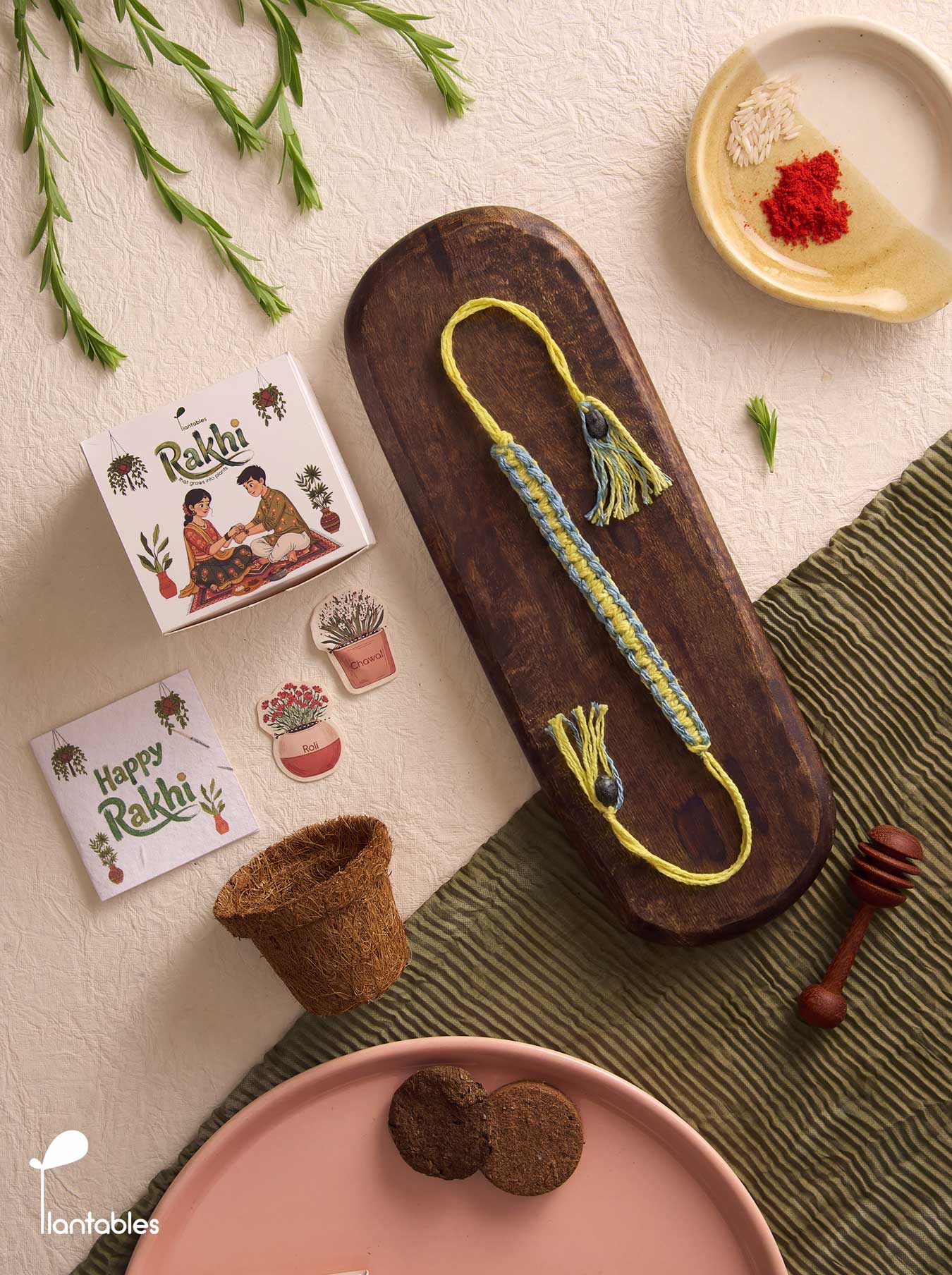 Knotty by Nature Rakhi Planting Kit, braided cotton thread rakhi with seed paper greeting card, roli chawal pockets and coir pot